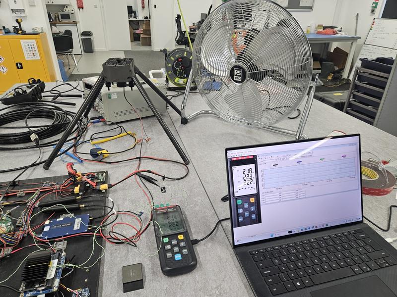 Thermal testing setup with thermocouple datalogger and laptop