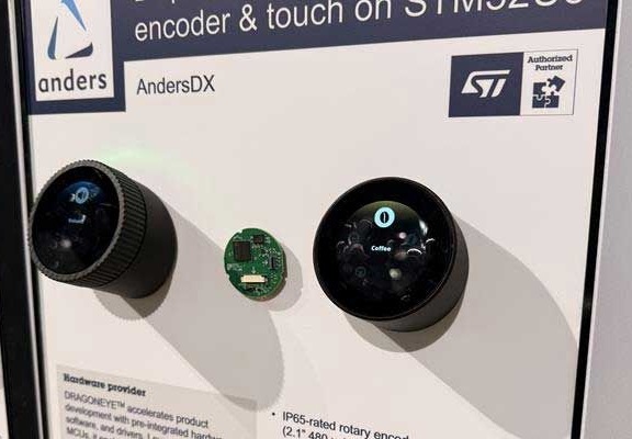 Anders DX IP65 rotary encoder devices at embedded world — showing housed units and bare PCB