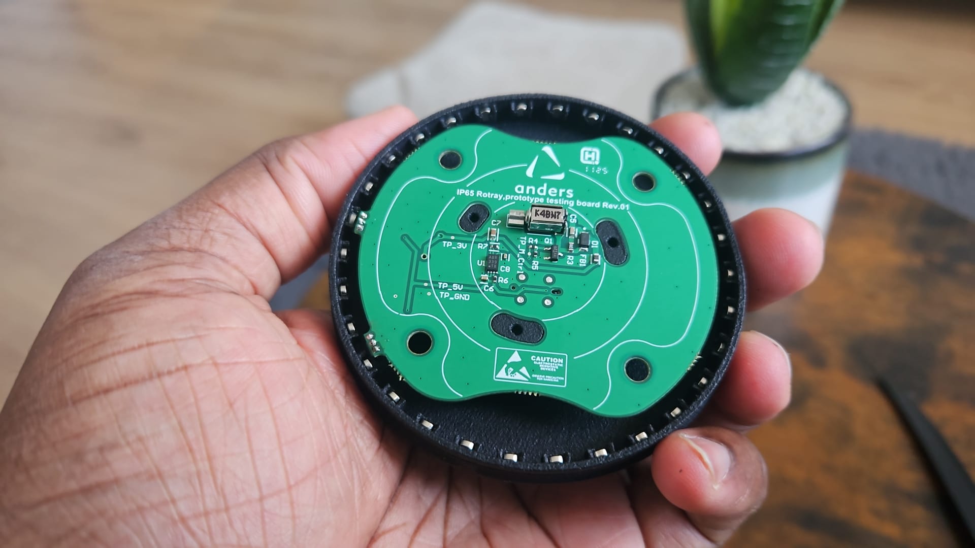 Anders IP65 Rotary prototype testing board Rev.01 — PCB back showing hall sensor layout
